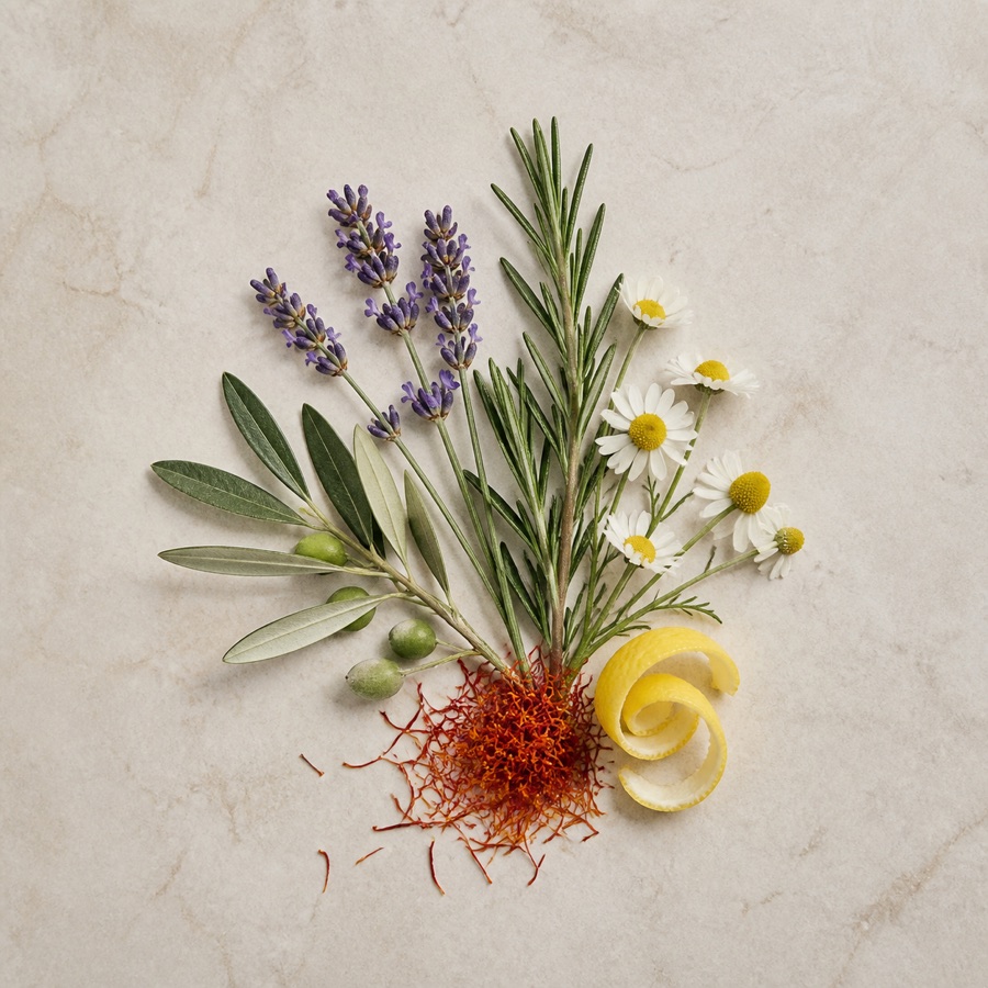 Lavender, chamomile, rosemary and saffron arranged on stone
